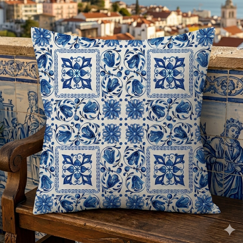 Housse de coussin bleue azulejos